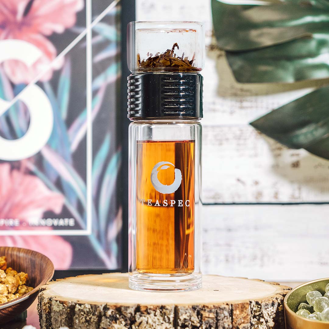 TEASPEC Lazy Go Glass Tea Travel Tumbler 350mlwith stainless steel infuser and   sleeve as well as a carry insulated carry pouch with a strap.