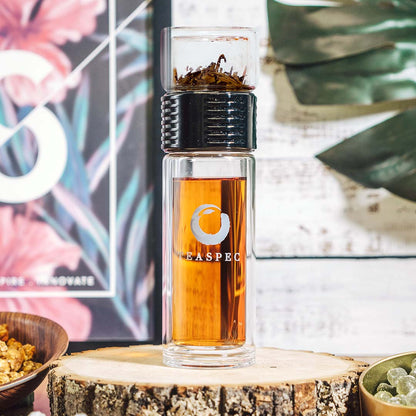 TEASPEC Lazy Go Glass Tea Travel Tumbler 350mlwith stainless steel infuser and   sleeve as well as a carry insulated carry pouch with a strap.